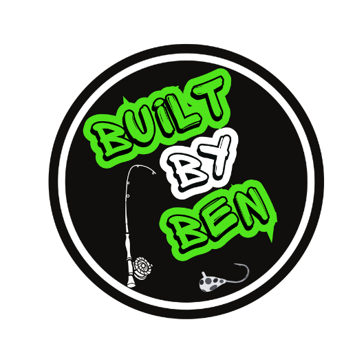 Circular logo with 'Built by Ben' text and fishing elements on a black background